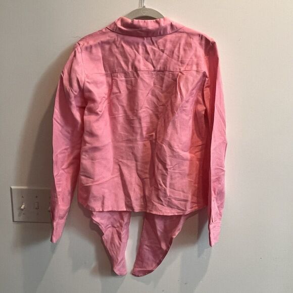 Boston Proper Pink Linen Button Up Blouse Women’s XS Tie Front Party Shower Long - Picture 12 of 12